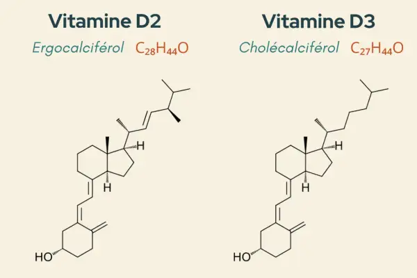 Comparaison des structures chimiques de la vitamine D2 (ergocalciférol) et de la vitamine D3 (cholécalciférol), illustrant la différence entre vitamine d et d3.