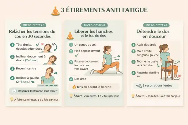 3 étirements pour comment ne plus être fatigué en 5 minutes : relâcher le cou, libérer les hanches et détendre le dos.