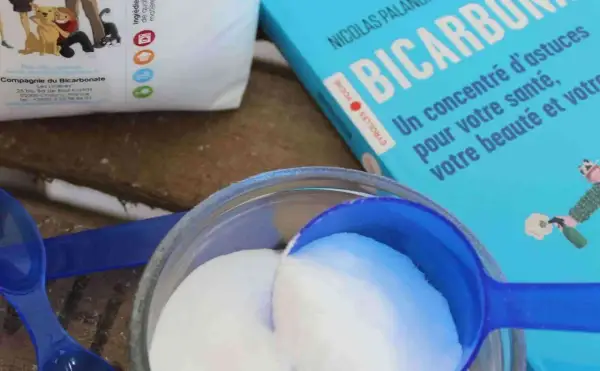 Bicarbonate de soude : un concentré d'astuces pour votre santé, votre beauté et votre digestion. Une cuillère bleue remplit de poudre blanche.