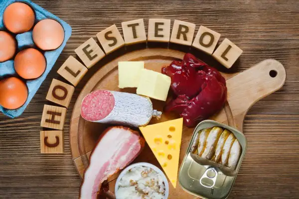 Œufs, beurre, foie, saucisson, lard, fromage, sardines en conserve et dés en bois formant le mot "cholestérol". Ces aliments sont riches en graisse saturée.