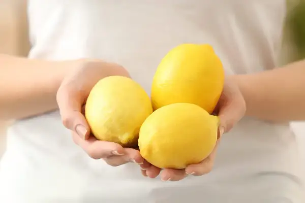 Trois citrons jaunes brillants tenus dans des mains, parfaits pour une cure détox du citron pour le foie.