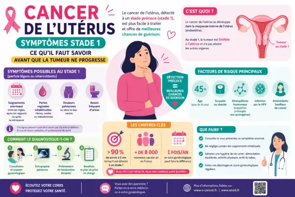 Cancer de l'utérus : symptômes précoces, facteurs de risque et diagnostic. Une **lésion utérus** au stade 1 est plus facile à traiter.