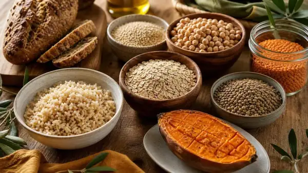Assortiment de céréales, légumineuses et patate douce. Une aide visuelle pour votre liste des glucides à éviter.