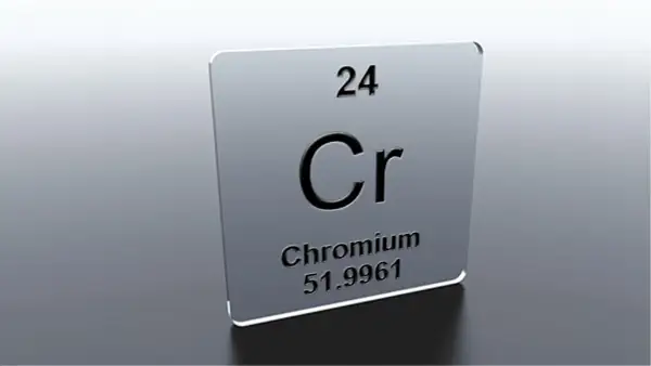 Plaque métallique "Chromium" (Cr), numéro atomique 24. Attention aux effets secondaires des compléments alimentaires à base de chrome.