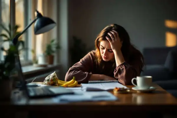 Une jeune femme, accablée par un coup de fatigue soudain, se tient la tête devant ses documents. Bananes et café à proximité.