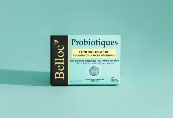 Boîte de probiotiques Belloc pour le confort digestif et l'équilibre de la flore intestinale, aidant à lutter contre la dysbiose intestinale. 30 gélules végétales.