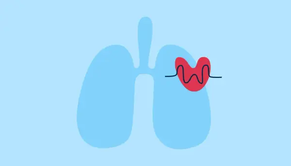Poumons bleus stylisés avec un cœur rouge et une ligne d'électrocardiogramme. La cohérence cardiaque peut aider à réduire l'anxiété.